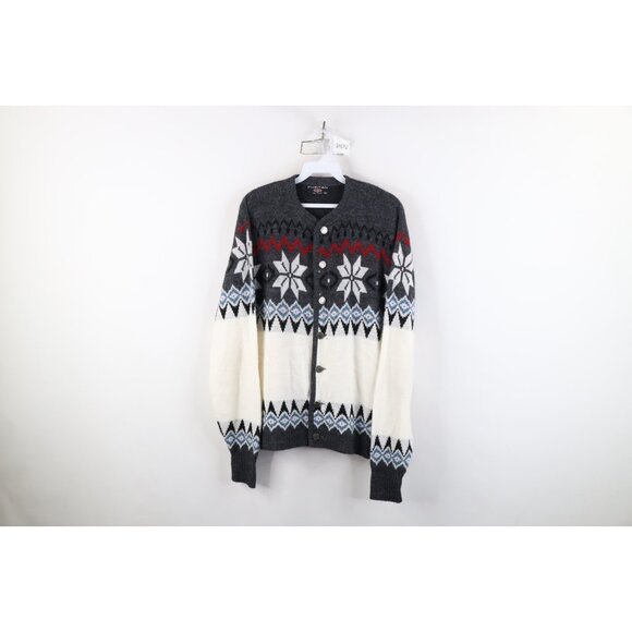 Vintage 60s 70s Streetwear Mens 46 Fair Isle Skiing Knit Cardigan Sweater USA